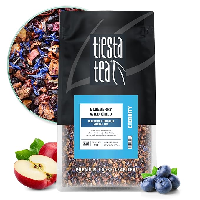 Tiesta Tea Blueberry Wild Child Loose Leaf Blueberry Hibiscus Herbal Tea Premium Non-Caffeinated Blend Make Hot or Iced Brews Up to 200 Cups 16 Ounce Resealable Bulk Pouch