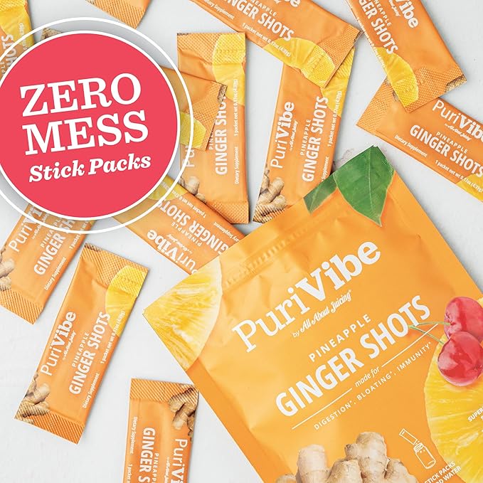 All About Juicing Ginger Shots with Pineapple &amp Turmeric - Superfood Juice Powder - Immunity Digestion &amp Energy Support - 30 Wellness Stick Packs - PuriVibe