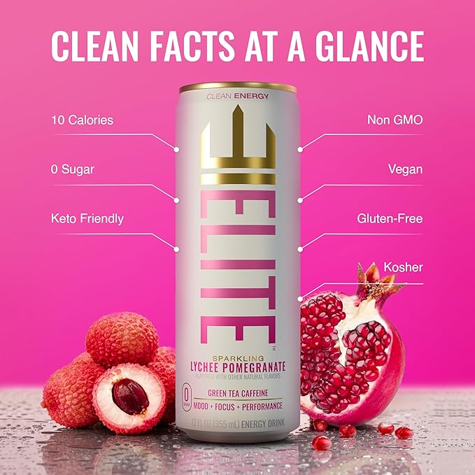 ELITE Energy – Sugar Free Energy Drinks – Clean Green Tea Caffeine with L-Theanine – Zero Sugar 10 Calories Naturally Sweetened Functional Energy – Focus &amp Performance – 12 Pack – Lychee Pomegra