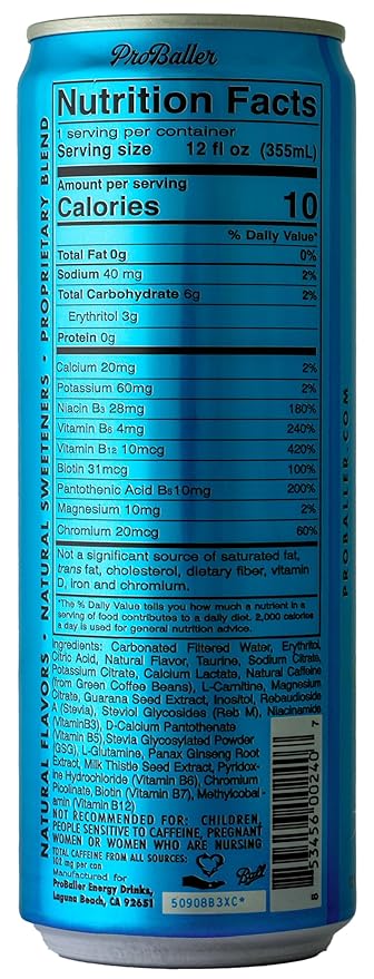 ProBaller Clean Energy Drink - Athlete-Grade Energy for Focus &amp Performance Zero Sugar NSF Certified for Sport Natural Caffeine Biotin Electrolytes Amino Acids &amp B Vitamins - Blue Raspbe