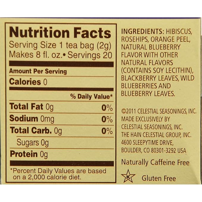 Celestial Seasonings Herbal Tea Caffeine Free True Blueberry - 20 Tea Bags - Case of 6