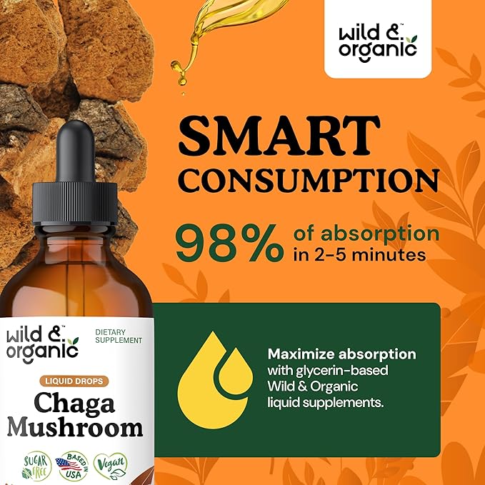 Wild &amp Organic Chaga Mushroom Drops - Immune Support with Chaga Extract - Liquid Mushroom Supplement for Immunity - Vegan Sugar &amp Alcohol-Free Tincture - 4 fl oz