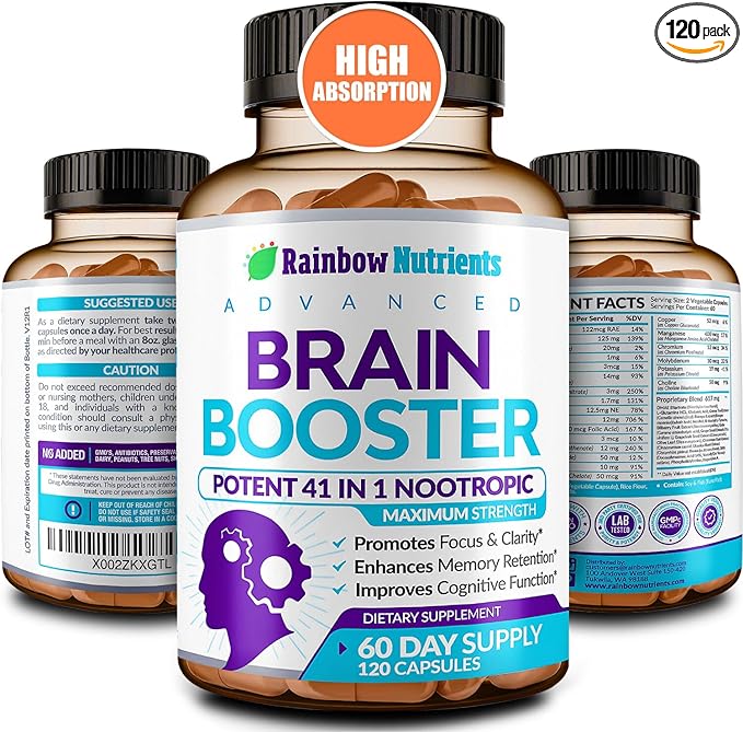 40-in-1 Brain Booster Supplements for Memory Focus Clarity Energy Performance | Natural Nootropic Brain Support Supplement with DMAE Bacopa Monnieri &amp More | For Men &amp Women | 120 V Capsu