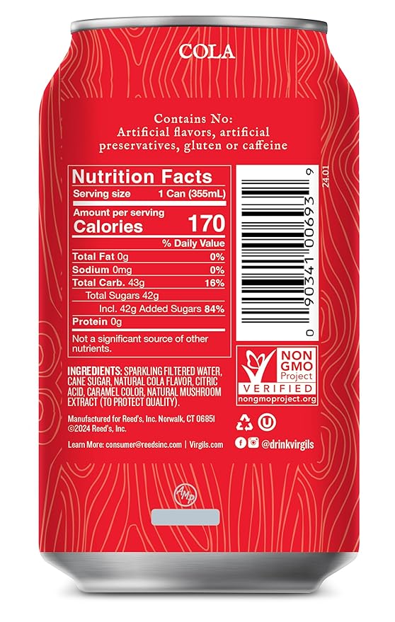 Virgil's Handcrafted Cola - Bold Flavor Caffeine Free - 12oz Cans 24 Pack