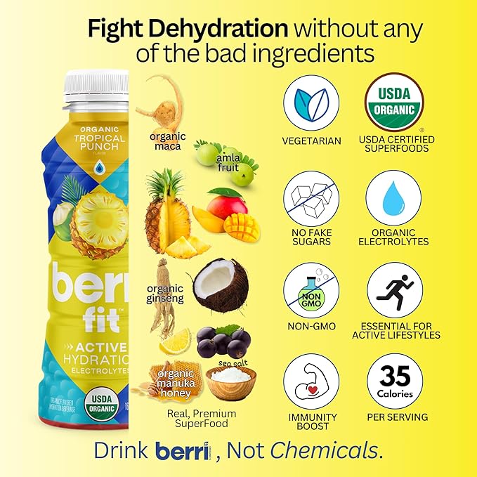 Berri Fit Hydration - Organic Tropical Fruit Flavor Natural Sports Drink - Plant-Based Electrolyte Beverage – Low Calorie Paleo Coconut Water Solution 16oz 12ct…