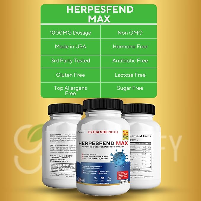 HerpesFend Max Extra Strength Advanced Defense Formula 60 Capsules with Elderberry Echinacea Turmeric Garlic Vitamins and Probiotics (15)