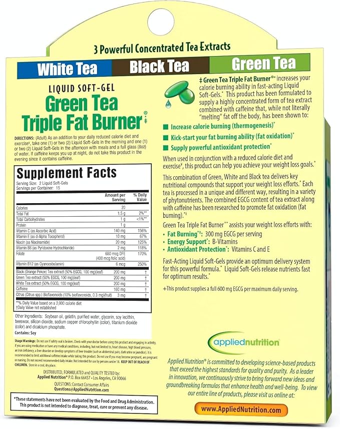 Applied Nutrition Green Tea Fat Burner - 30 Liquid Soft-Gels Pack of 3 - Increases Calorie Burning &amp Supplies Powerful Antioxidants - 45 Total Servings