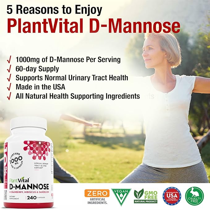 Plantvital D Mannose Capsules with Cranberry - D-mannose 1000mg Capsules - High Potency for Bladder Kidney and Urinary Tract Support. Cranberry Powder with Hibiscus and Dandelion.4 Months Supply