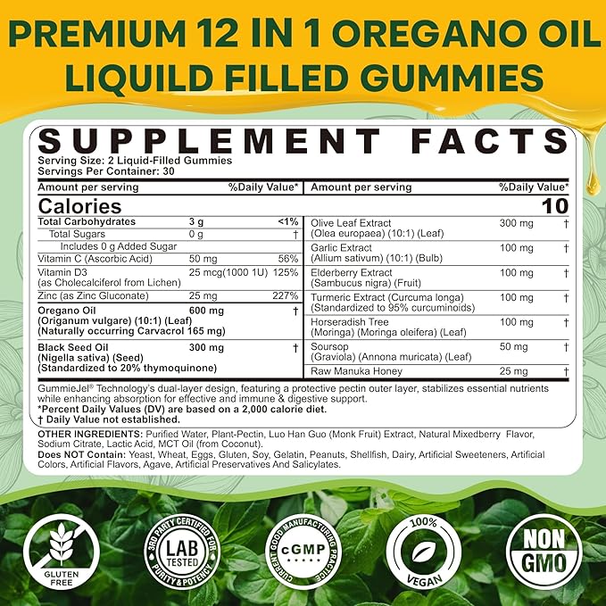 Oil Of Oregano with Black Seed Oil Filled Gummies 12 IN 1 Oregano Oil Supplement for Immune &amp Digestive w/ High Carvacrol &amp Thymoquinone Olive Leaf Aceite de Orégano Cápsulas Replacement 6