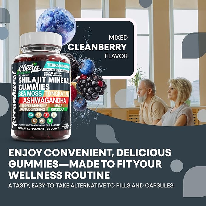 Terramineral Shilajit Gummies with Irish Sea Moss Tongkat Ali Ashwagandha Lion's Mane MACA Panax Ginseng Rhodiola &amp Cordyceps by Clean Nutra (1)