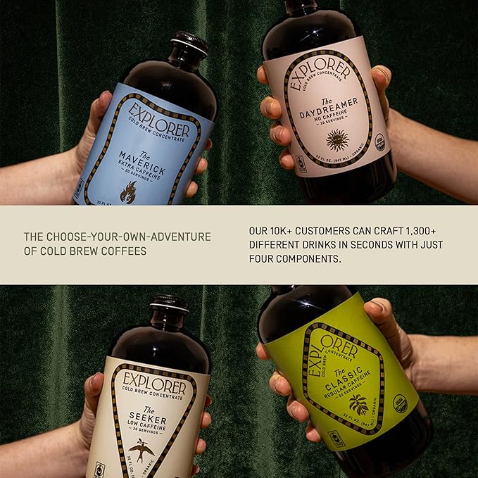 Explorer Cold Brew Organic Liquid Coffee Concentrate Seeker Low Caffeine Drink Iced or Hot 32 fl oz Makes 20+ Cups