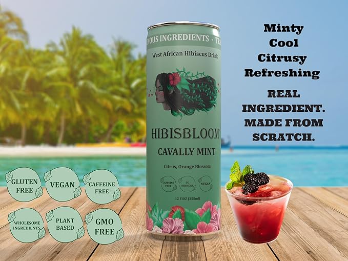 Hibisbloom Cavally Mint Organic Red Hibiscus Spearmint Lemon Lime Orange Blossom 8-Pack x 12oz Cans - 25 Calories. Slow Brew from Scratch 5000mg Hibiscus.