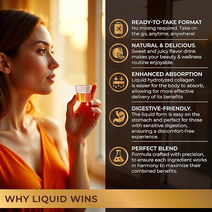 Liquid Collagen Peptides with Biotin &amp Hyaluronic Acid - Hydrolyzed Bovine Collagen Type 1 and 3 Biotin 10000mcg Vitamins B5 B6 C &amp E - Orange Flavor