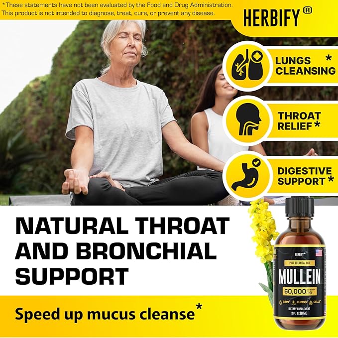 HERBIFY Mullein Extract 2 oz Tincture for Respiratory Health Mullein Leaf and Flowers Blend (Verbascum Densiflorum)