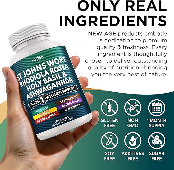NEW AGE St Johns Wort Rhodiola Rosea Holy Basil Ashwagandha - Support for Women and Men with Vitamin C &amp Black Pepper Extract - 180 Count