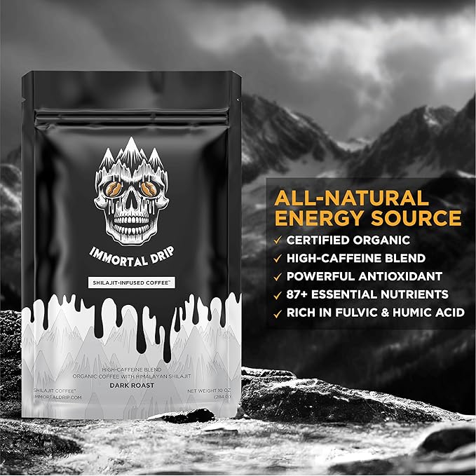 Shilajit Coffee - Immortal Drip Organic Dark Roast Ground Coffee Himalayan Shilajit-Infused High-Caffeine Vitamins - Fulvic Acid &amp 85+ Minerals