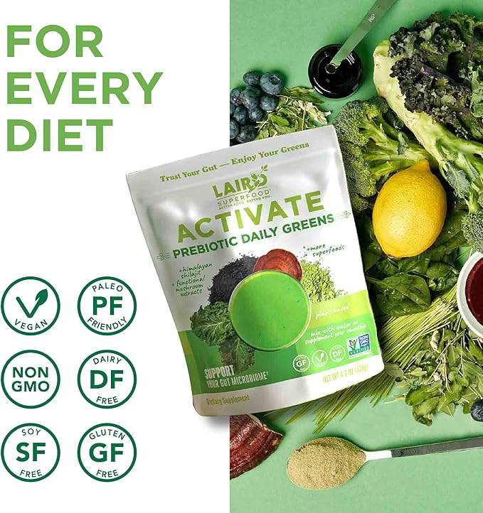 Laird Superfood Activate Prebiotic Daily Greens Powder Drink Supplement Himalayan Shilajit Powder and Functional Mushrooms Supports Gut Microbiome 4.2 Oz Bag Pack of 1