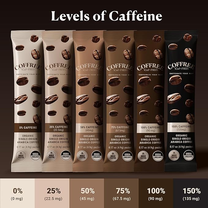 COFFREE Organic Instant Coffee Packets - 75% Half Caff Convenient Coffee Sticks Mold Free Low Acid Arabica Beans for On-the-Go Energy - Hot or Cold Smooth Taste Single Serve Travel Packets 24 Count