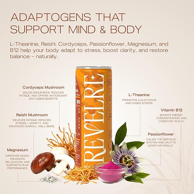 Revelre Functional Social Tonic with Ketones and Adaptogens - Mindful Blend for Focus and Calm - Ketones Magnesium B12 Reishi &amp Cordyceps Mushrooms - Non Alcoholic - Peach Ginger 12 oz (4 Pack