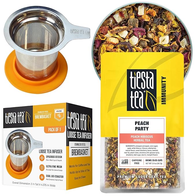 Tiesta Tea - Peach Party Herbal Tea and Brewbasket Infuser Bundle Peach Hibiscus Tea Non-Caffeinated 2oz Refillable Pouch with 5oz Reusable Stainless Steel Strainer