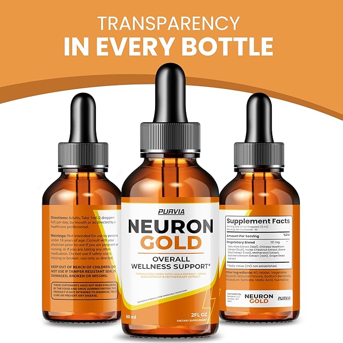 (2 Pack) Neuron Gold Drops NeuronGold Liquid Supplement Neuropathy Nutritional Support For Health Relief Nerve Pain Vitamins Stimulator Regeneration for Memory Focus Concentration Clarity (4 oz)