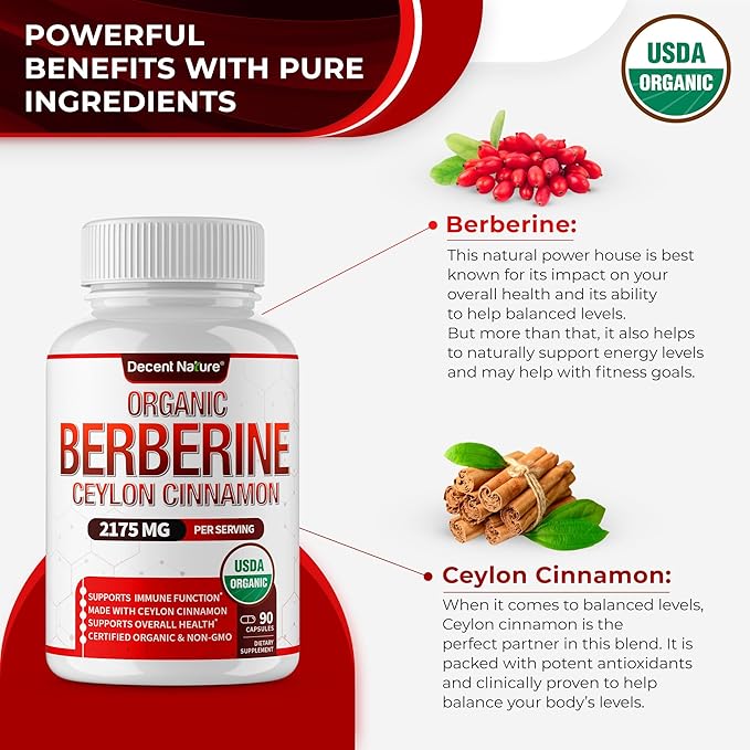 Organic Berberine with Ceylon Cinnamon 2175mg - Premium berberine supplement high purity extract USDA Organic support immune system Berberine Plus Complex Non-GMO Vegan for Men Women 90 Capsules