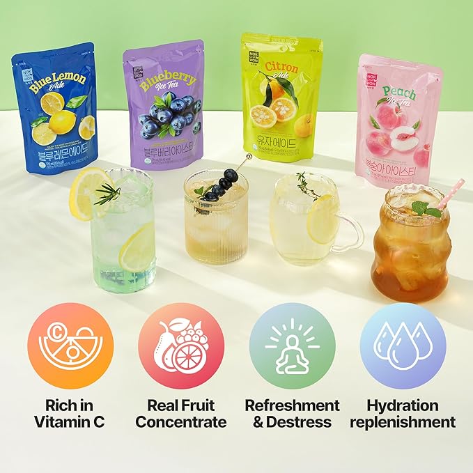 [Nokchawon] Blue Lemonade Drink Pouch (10 Pack) - Ready to Serve Fruit Juice for Ice Cups - Refreshing Korean Pouch Drink for Spring Break Picnics and Cocktail Mixers - 6.42 fl oz
