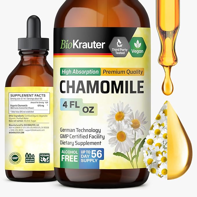 BIO KRAUTER® Chamomile Extract - Liquid Drops Pure Vegan Chamomile Supplement 670 mg per Serving 4 Fl.Oz 56-Day Supply - Used for Calm &amp Relax - Alcohol &amp Sugar Free - Natural Calm &amp Sleep