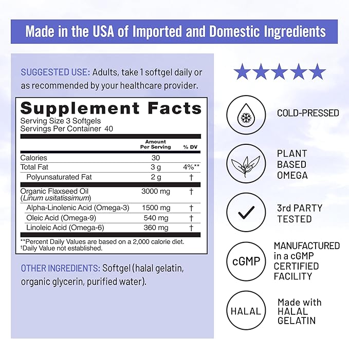 NatureWise Flaxseed Oil 3000 mg Fish Free Omega 3 with 1500 mg ALA Dietary Supplement for Immune Health Support - Organic Cold Pressed Non-GMO - 120 Softgels[40-Day Supply]