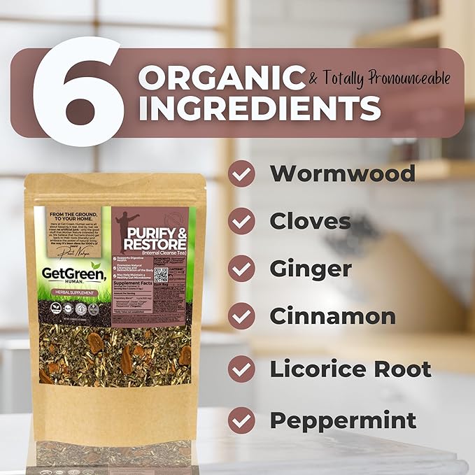 Gut Clean and Restore (Internal Cleanse) Loose Leaf Tea w/ Wormwood Cloves Ginger | Organic Herbal Tea | 2 oz (57 gram) | Decaf Vegan Healthy ZERO Caffeine Organic Herbs No Natural or Artifici