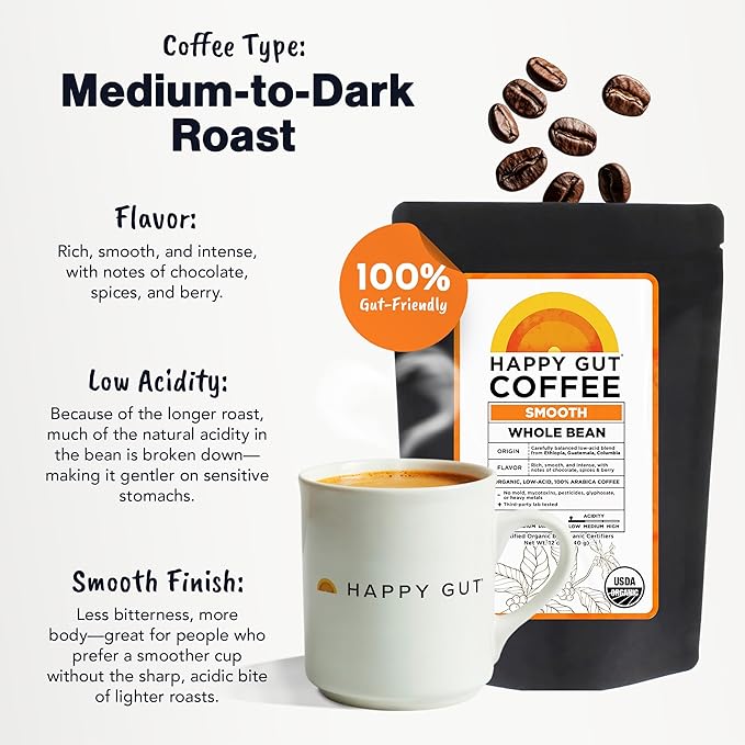 Happy Gut Coffee - Doctor-Formulated Organic Medium-to-Dark Roast Coffee with Gut-Friendly Benefits - Gentle on Stomach - Rich Flavor Gluten-Free No Bitterness - 12oz - SMOOTH - Ground