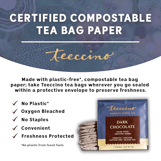 Teeccino Dark Chocolate Prebiotic SuperBoost Bundle - 25 Tea Bags 10 Ounce Herbal Coffee