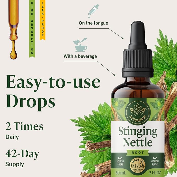 HERBAMAMA Stinging Nettle Tincture - Vegan Urinary Tract Support with Stinging Nettle Root Extract - Non-GMO Alcohol &amp Sugar-Free Urtica Dioica Supplement - 42-Day Supply