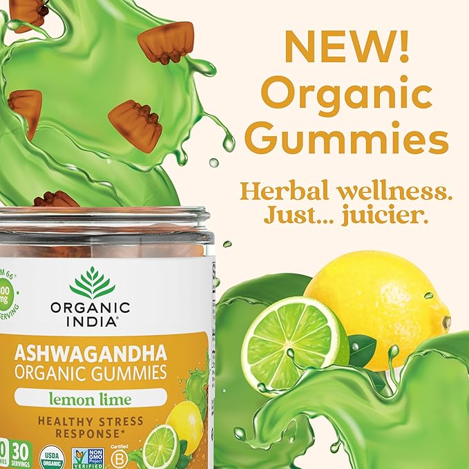 ORGANIC INDIA Ashwagandha Gummies for Men &amp Women - Stress Supplement KSM-66 Ashwagandha Root Extra Strength Calm Chews Vegan Non-GMO - Lemon Lime 60 Gummies