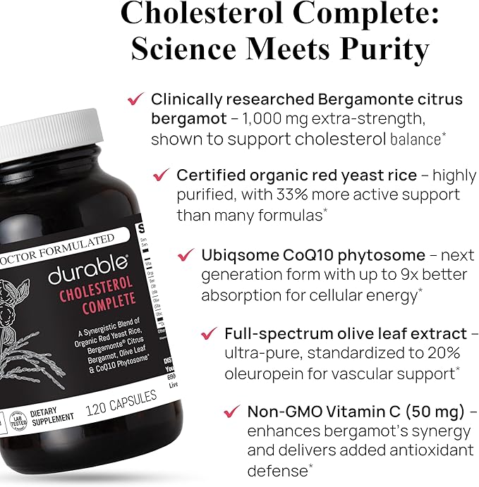 Durable Cholesterol Complete – Organic Red Yeast Rice 1600 mg + Bergamonte® Citrus Bergamot 1000 mg + Ubiqsome® CoQ10 + Olive Leaf + Vitamin C – Doctor Formulated Made in USA (360 Capsules)