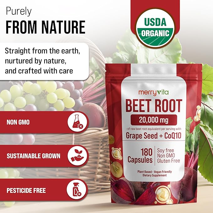 Beet Root Capsules with Grape Seed &amp CoQ10 - Blood Pressure Support Supplement - Nitric Oxide Booster - Super Beets Supplement for Heart Energy Circulation - 180 Vegan Capsules Non GMO
