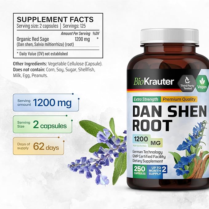 BIO KRAUTER® Dan Shen Red Sage for Circulatory Support - Pure Vegan Dan Shen Supplement (Salvia Miltiorrhiza) 1200 mg per Serving - Antioxidant Herbal Supplement 250 Сapsules 50-Day Supply Non-GMO