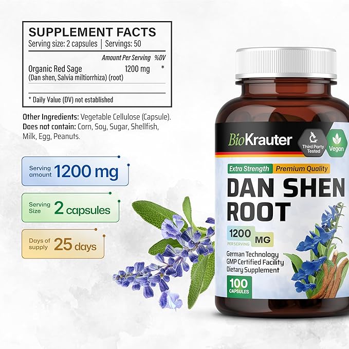 BIO KRAUTER® Dan Shen Red Sage for Circulatory Support - Pure Vegan Dan Shen Supplement (Salvia Miltiorrhiza) 1200 mg per Serving - Antioxidant Herbal Supplement 100 Сapsules 25-Day Supply Non-GMO