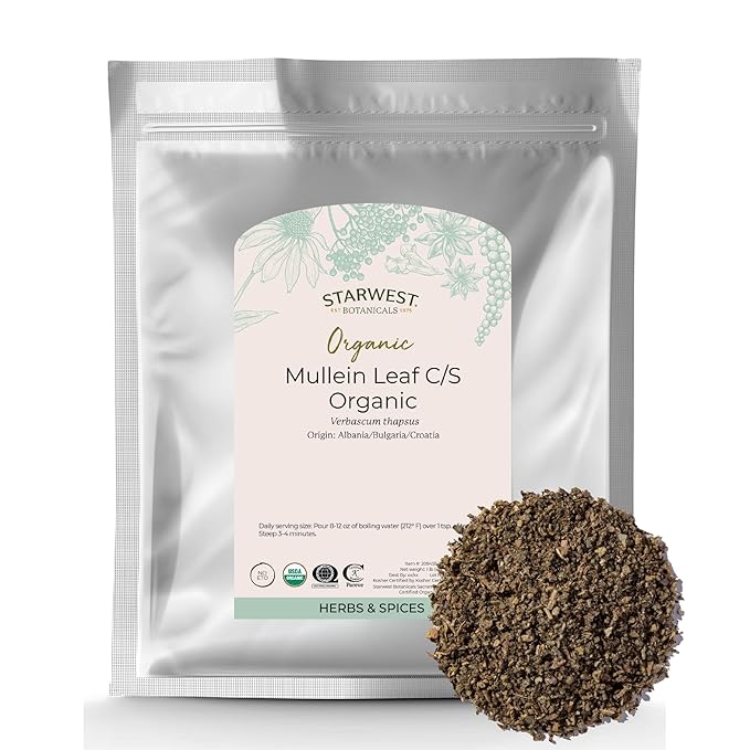 Starwest Botanicals Organic Mullein Leaf - Dried Loose Leaf Herb for Tea Cut &amp Sifted Bag Certified Kosher Non-GMO - Bulk 1 lb Bag