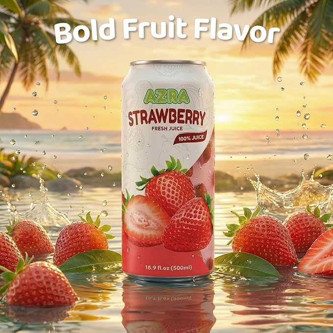 AZRA 100% Strawberry Juice 500ml Cans (Pack of 12) - Fresh Fruit Punch Flavor - Sugar Free Healthy Drinks - 100 Percent Zero Sugar Beverages - Real Berry Liquid Variety 16.9 fl oz
