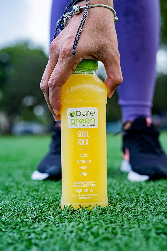 Pure Green Cold Pressed Juice - Soul Kick - Fresh Functional Blend with Apple Pineapple Lemon Ginger - Natural Gluten Free Non-GMO No Artificial Colors or Flavors - Made from Real Fruits &amp V
