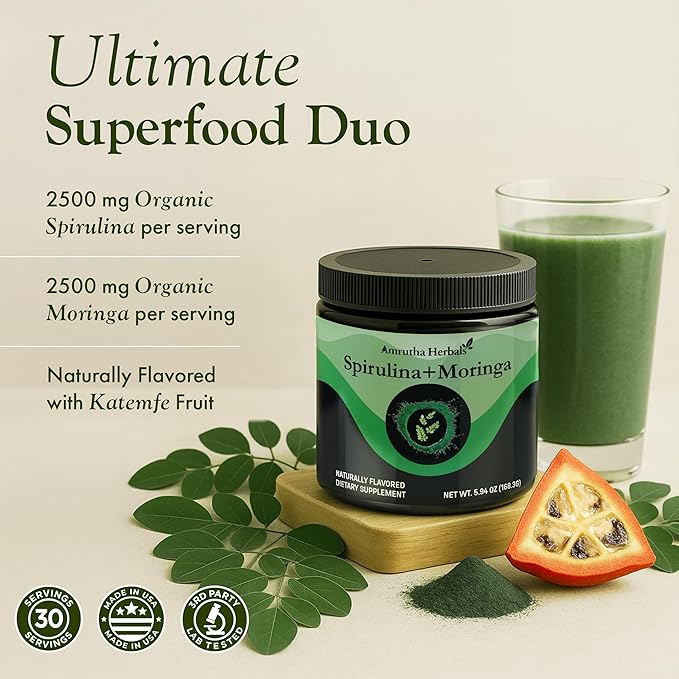Organic Spirulina + Organic Moringa Greens Powder Gluten-Free Vegan Friendly Detox &amp Digest Superfoods 30 Servings Made in USA