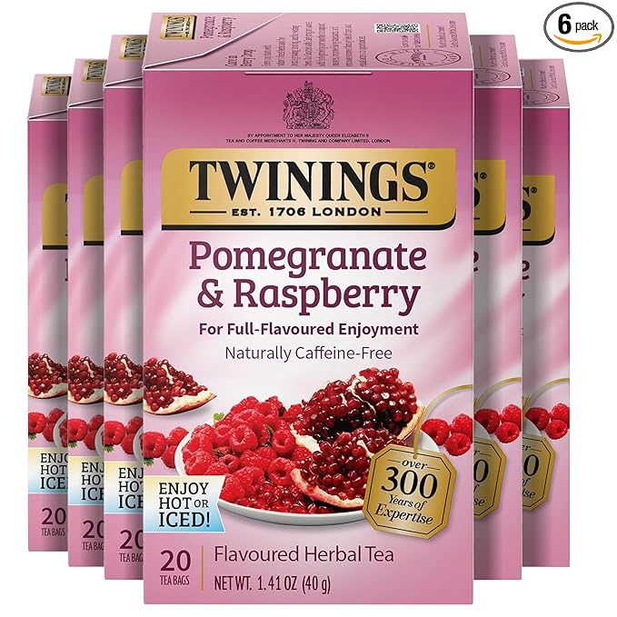 Twinings Pomegranate &amp Raspberry Herbal Tea Individually Wrapped Bags 20 Count (Pack of 6) Naturally Caffeine-Free Enjoy Hot or Iced 120 Teabags