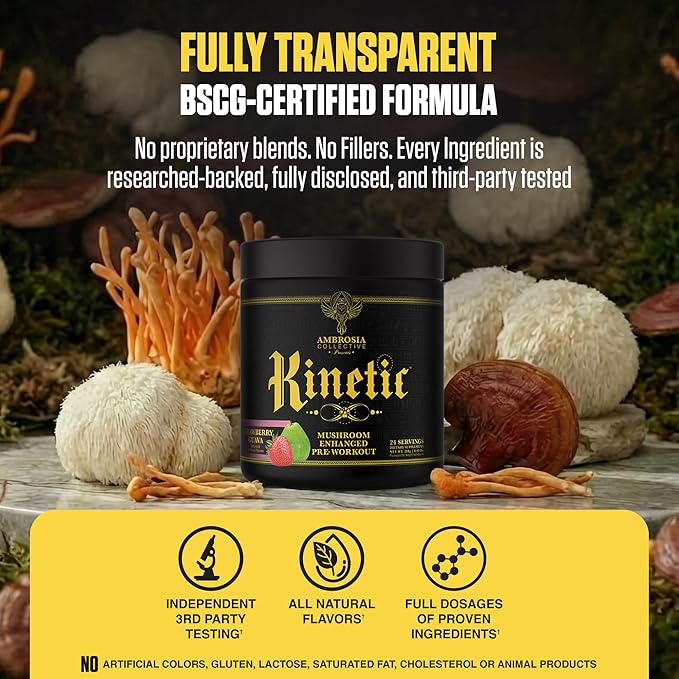 Ambrosia Kinetic - Organic Pre Workout Powder with Creatine | Natural Mushroom Pre Workout | Nootropic Pre for Clean Energy &amp Focus | 24 Servings | Strawberry Guava
