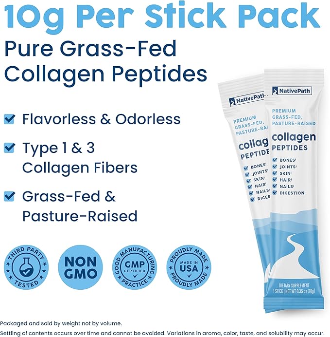 NativePath Collagen Peptides Protein Stick Packs - Hydrolyzed Type 1 &amp 3 Collagen Powder for Skin Hair Nails - 30 Servings