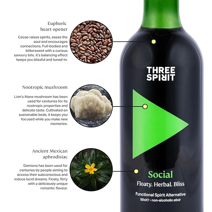 Three Spirit Non-Alcoholic Alternative Spirit - The Social 50cl | Adaptogens Cacao Damiana &amp Lion's Mane | Active Botanical Gluten Free &amp Vegan Drinks
