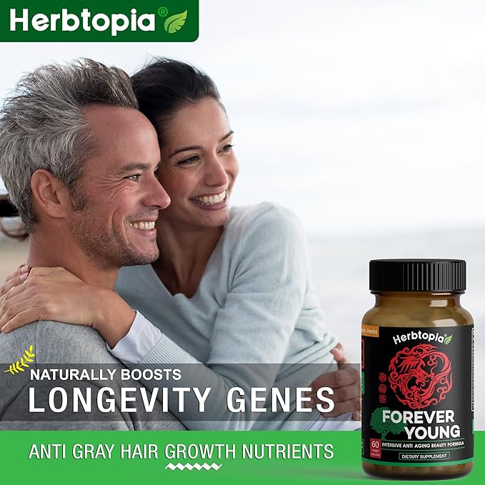Forever Young Longevity Supplement for Immunity Anti Gray Hair Telomere Lengthening &amp Happy Mood w/Ginseng Astragalus Lions Mane Reishi Mushroom Codonopsis | Organic - 60 Caps