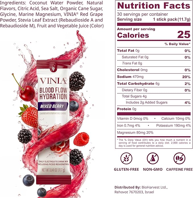 VINIA Resveratrol Electrolyte Hydration Powder Mix | Boost Blood Flow &amp Circulation | Sea Salt Coconut Water Potassium Magnesium Informed Sport Certified (30 Sticks Mixed Berry)