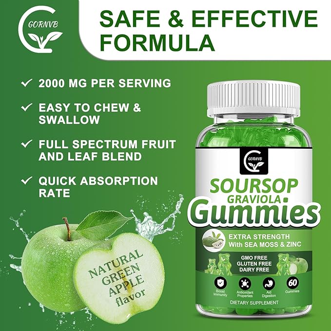 Organic Soursop Graviola Gummies - 2200mg Extra Strength Soursop Leaves Extract w/Sea Moss Extract 200mg Zinc &amp Vitamin C - Supports Immunity Liver Zzz &amp Antioxidant Gluten Free Vegan 60