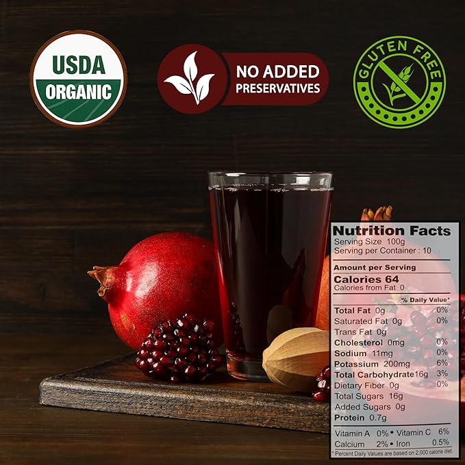 100% Organic Pomegranate Juice 6.7 Oz Glass Bottle (12 Pack) No Sugar No Artificial Colors No Preservatives No Flavors Added Gluten Free and Kosher